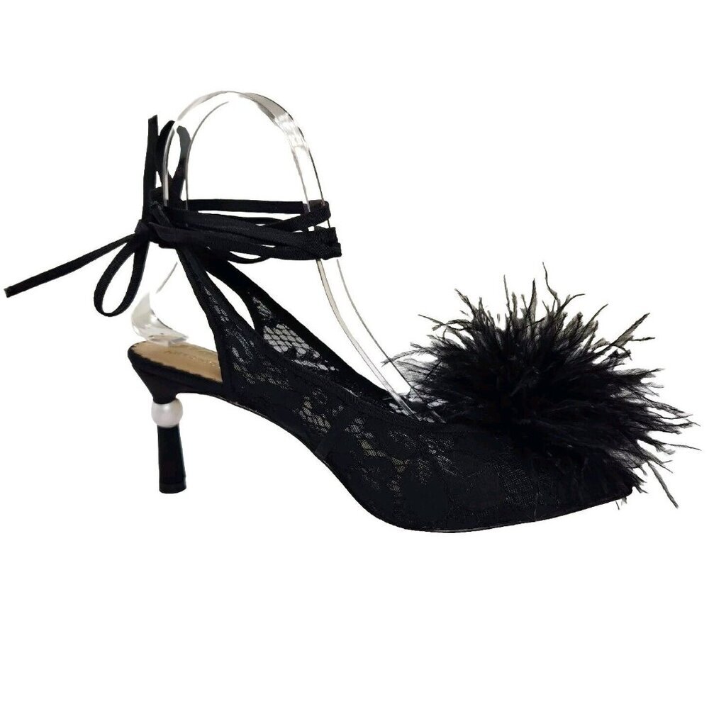 Antonio Melani Womens Size 6.5 Claire Ostrich Feathers Pom Ankle Wrap Pumps 303